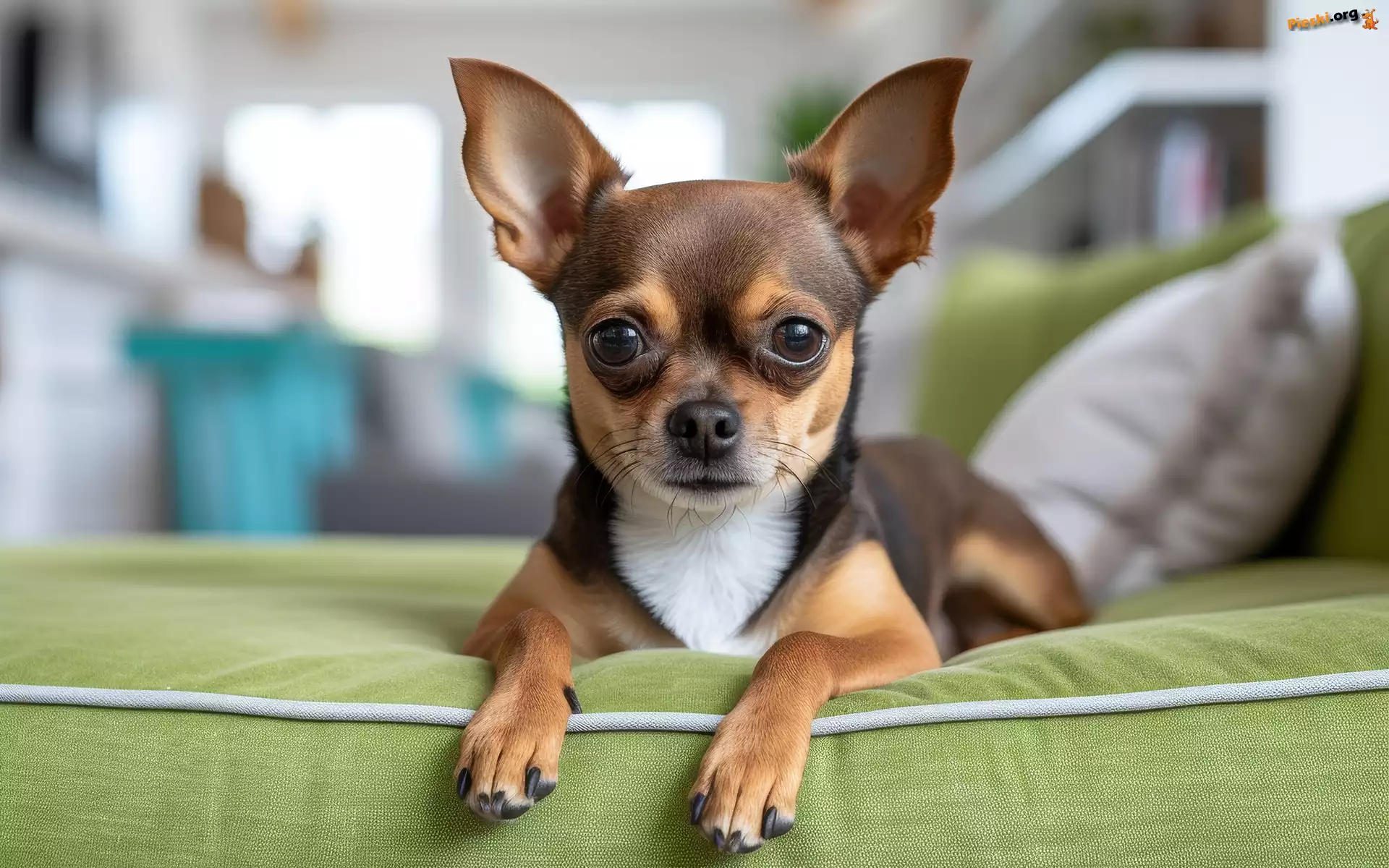Zielona, Grafika Chihuahua krótkowłosa, Chihuahua krótkowłosa, Kanapa, Pies